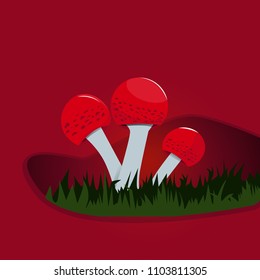 Forest mushrooms with red and green grass. vector illustration