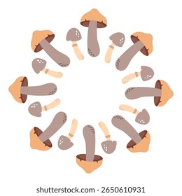Forest mushrooms. Round frame wreath of mushrooms. Place for text. Vector decor for post, invitation, postcard.