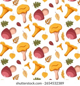 Setas del bosque sin patrón. Setas de otoño de fondo sin fisuras. Ilustraciones vectoriales