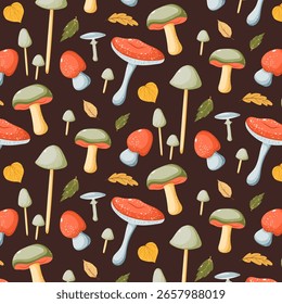 Cogumelos Florestais Padrão Sem Costura. Cogumelos De outono Fundo Sem Costura. Ilustrações de vetor, plano de fundo escuro