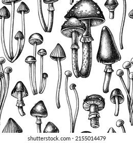 Forest mushrooms seamless pattern background design. Engraved style. Hand drawn mushrooms, fly agaric, enoki, etc.