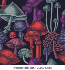 Forest mushrooms seamless pattern background design. Engraved style. Hand drawn mushrooms.