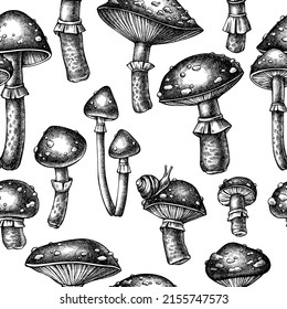 Forest mushrooms seamless pattern background design. Engraved style. Hand drawn mushrooms, fly agaric.