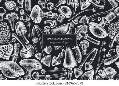 Waldpilze nahtlos Muster Hintergrund Design. Stilvoll graviert. Handgezeichnete Pilze, Fliege agarisch, Blewit, etc.