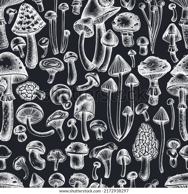 Forest\
mushrooms seamless pattern background design. Engraved style. Hand\
drawn mushrooms, fly agaric, blewit,\
etc.