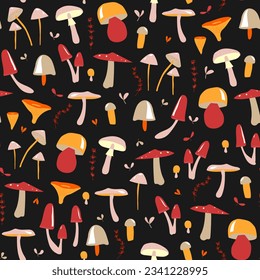 forest mushrooms seamless pattern. Forest, children's background with colorful mushrooms