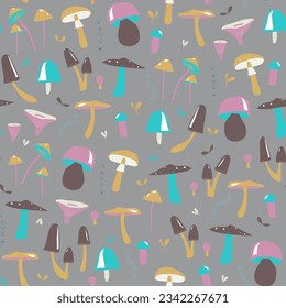 forest mushrooms seamless pattern. Forest, children's background with colorful mushrooms