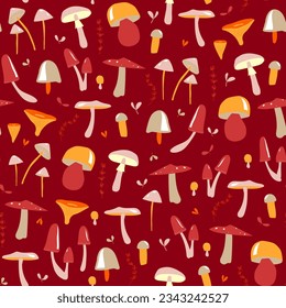 forest mushrooms seamless pattern. Forest, children's background with colorful mushrooms