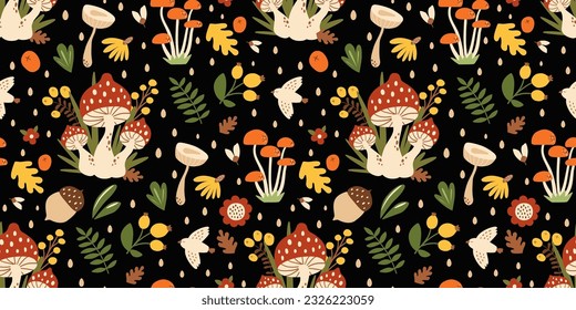 Forest mushrooms seamless pattern with fall leaves, berries, flowers, acorn, bird on black repeat background. Vector nature print. Hand drawn fly agaric amanita edible mushrooms in cute childish style