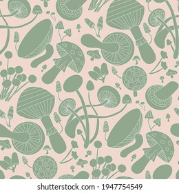 Forest mushrooms seamless pattern. Hand drawing. Red and white. Vintage. Vector illustration art