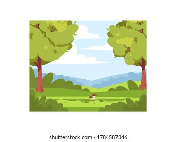 Forest with mushrooms semi flat vector illustration. Summer woods with clearing. Farmland with greenery and hills. Growing seasonal harvest. Rural 2D cartoon landscape for commercial use