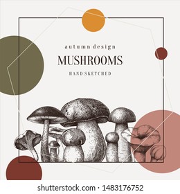 Forest mushrooms trendy design. Hand drawn healthy food template. Autumn plants sketches. Perfect for recipe, menu, label, icon, packaging. Vintage mushrooms background. Botanical illustration.