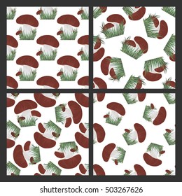 Forest mushrooms vector seamless set. Seamless patterns with mushrooms and green grass over white. Eps10