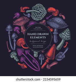 Forest mushrooms wreath design. Hand drawn mushrooms, fly agaric, blewit, etc.