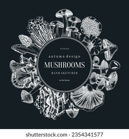 Forest mushrooms wreath on chalkboard. Edible mushrooms frame, vintage card design. Fungi, healthy food, vegan product sketches. Autumn hand-drawn vector illustration. Engraved design template