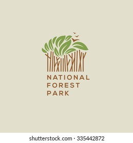 Forest national park logo. Outdoor activity, camping and nature exploration symbol, vector illustration.