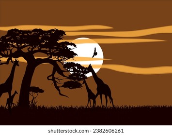 Forest national park vector illustration background with protected animals, colored silhouette elements, flat