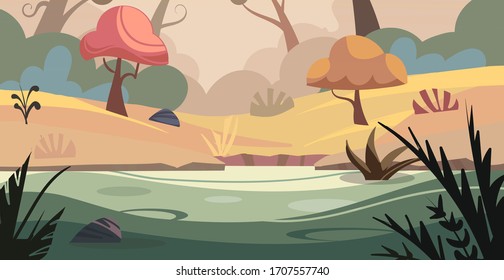 Forest natural landscape in cartoon style. Flat landscape vector illustration.