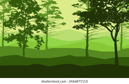 forest natural landscape with dense trees, green silhouette, vector