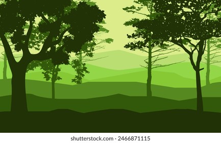 forest natural landscape with dense trees, green silhouette, vector