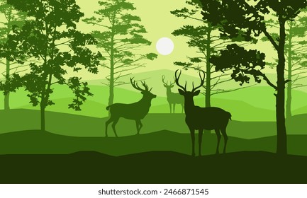 
forest natural landscape with dense trees and wild deer, green silhouette, vector