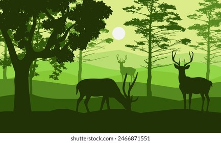 
forest natural landscape with dense trees and wild deer, green silhouette, vector