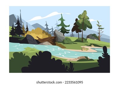 Paisaje natural forestal con ilustración de vectores fluviales. Montañas y el concepto de la escena boscosa de estilo plano. Naturaleza virgen