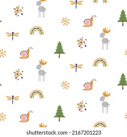 Forest nature and animals seamless pattern with elk, dragonfly, tree and rainbow for decoration. Cartoon wood trendy illustrations