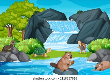 Forest nature background with beavers and tortoise illustration