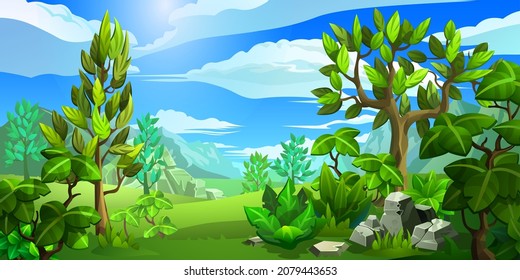 Forest nature in the background. Deciduous trees, mountains and hills. 