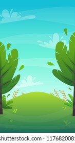 forest nature background . park grass field hill . trees and bushes green peace meadow , summer or spring bright happy funny cartoon vector illustration 