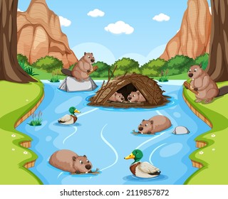 Forest nature background with wild animals illustration