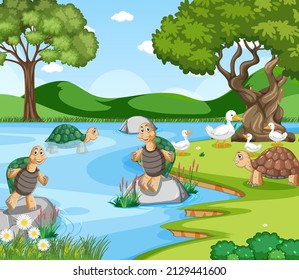 Forest nature background with wild animals illustration