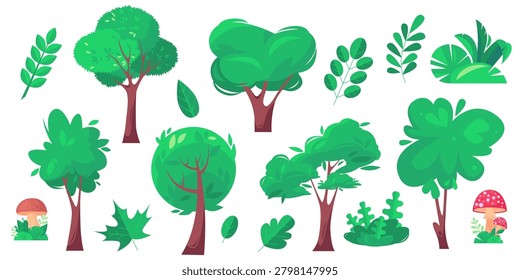 Forest nature collection with trees, leaves, bushes and mushrooms. Flat vector botanical set isolated on background for ecology, woodland and landscape projects.