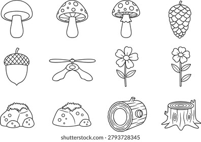 Forest nature doodle icon collection with mushrooms flowers tree elements
