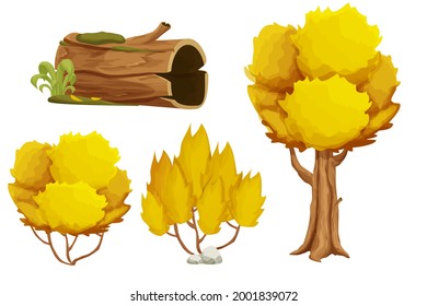 Forest nature elements fall, autumn landscape set with tree, stump, old trunk, bush and moss in cartoon style isolated on white background. Ui assets, for computers game interface vector Illustrations