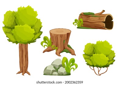 Forest nature elements landscape set with tree, stump, old trunk, bush, stone pile and moss in cartoon style isolated on white background. Ui assets, for computers game interface vector Illustrations