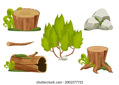 Forest nature elements landscape set with tree stump, sold trunk, bush, stone pile and moss in cartoon style isolated on white background. Ui assets, for computers game interface vector Illustrations
