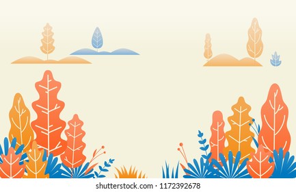 Forest nature flat illustration design. Vector autumn tree leaves and plants flowers gradation landscape
