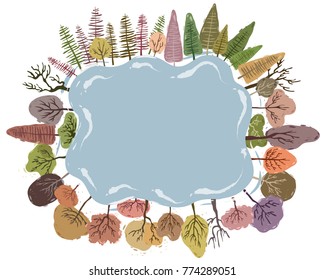 Forest nature frame and background. Cute pastel frame vector illustration. Sweet color frame with winter trees around. Colorful pastel many types of trees. 