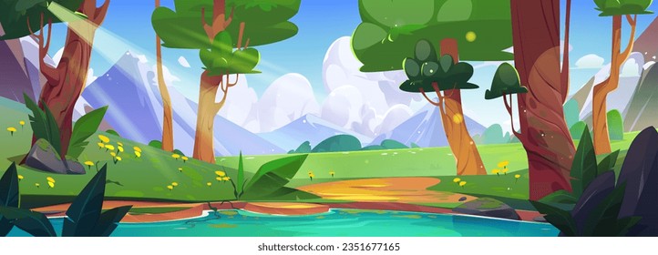 Forest nature with lake and mountain vector background scene. Tree near pond water and grass hill summer valley landscape illustration. Calm alps meadow panoramic travel environment backdrop design