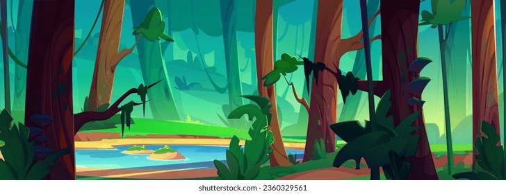 Forest nature with lake and tree landscape vector background. Beautiful green summer jungle scene design. Illustrated amazon environment with pond and trunk to travel on sunny day backdrop drawing