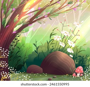 Forest nature landscape background. Fairy tale nature forest scene with sunrays. Mushrooms and flowers with rocks in a rural scene. Vector kids illustration for story or children fairytale.