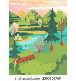 Paisaje natural forestal con vectores planos fluviales