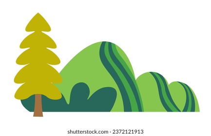 Forest nature landscape or scene, scenery with trees and vegetation, mountains or hills. Woods and outdoor surroundings, trekking or traveling destinations for tourists. Vector in flat styles
