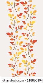 Forest nature leaf vertical seamless ornament. Decorative seamless pattern for autumn months: september, october, november. Natural yellow, red and orange tree foliage.