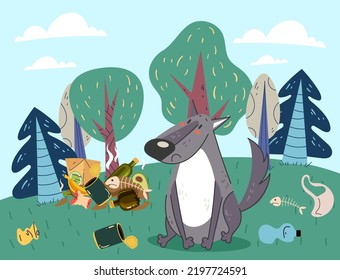 Forest nature polluted trash waste environmental problems concept. Vector graphic design element illustration