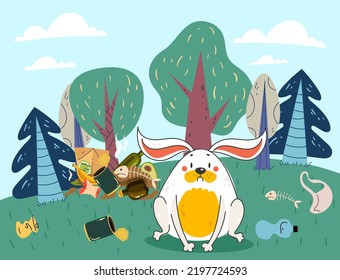 Forest nature polluted trash waste environmental problems concept. Vector graphic design element illustration