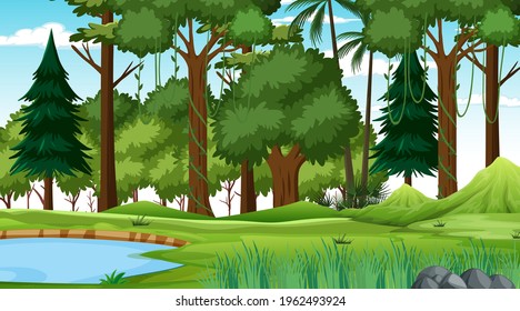 Forest nature scene with pond and many trees at day time illustration