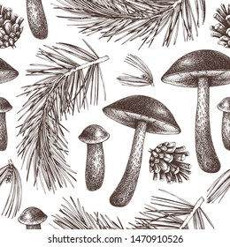 Forest nature seamless pattern. Birch bolete and pine tree vector illustrations. Hand drawn edible mushroom sketches. Perfect for recipe, menu, label, icon, packaging, banners.  Botanical background.